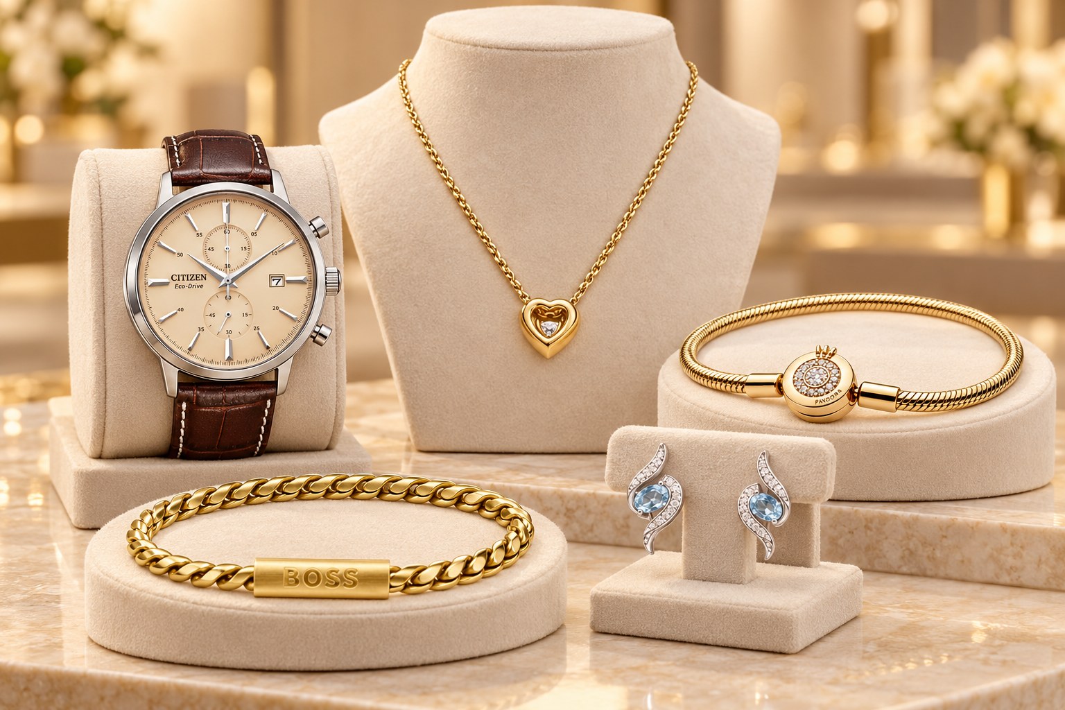 Uhren und Schmuck auf einem Präsentationsständer: Lederarmbanduhr, Kette mit Herz, Armbänder und Ohrringe (Symbolbild)